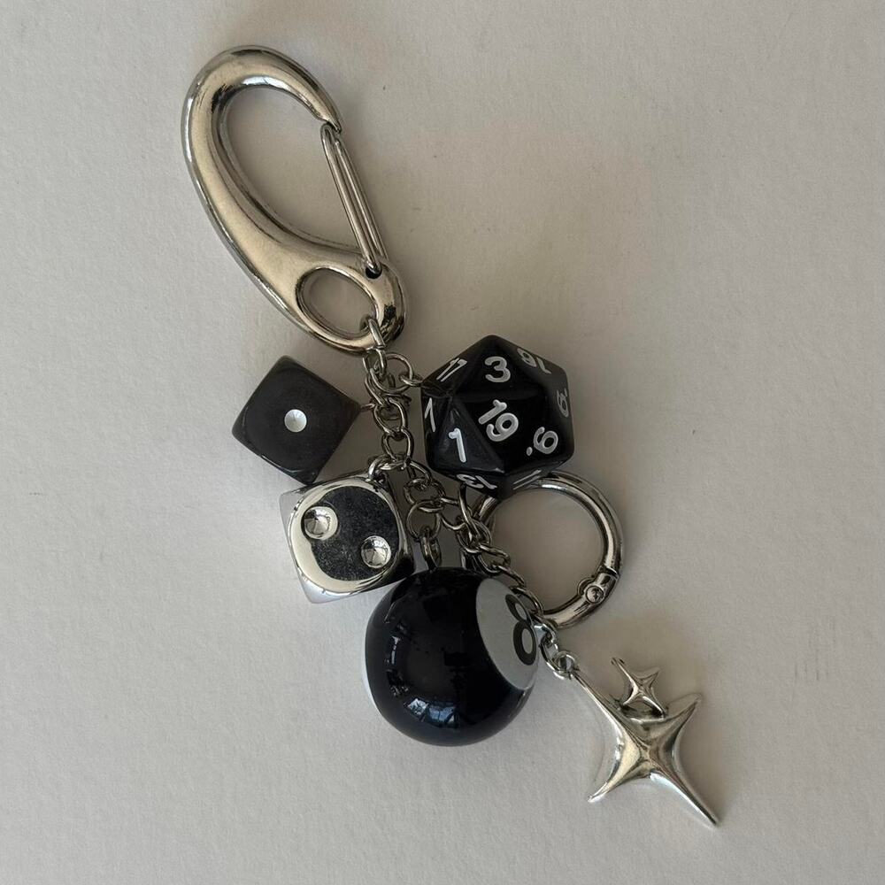 Black Gaming Dice & Star Charm Keychain - Sleek Black Accent